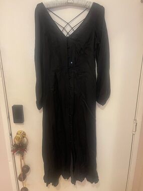 Free People Black Long-Sleeve Button-Front Midi Dress with Crisscross Back, NWOT